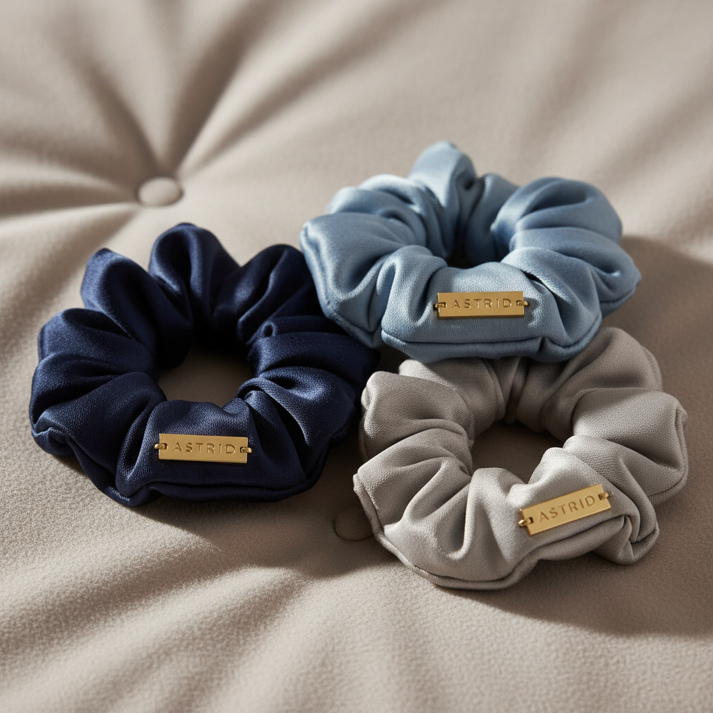 3-pack satin hair ties in navy blue, light blue and light grey with ASTRID label