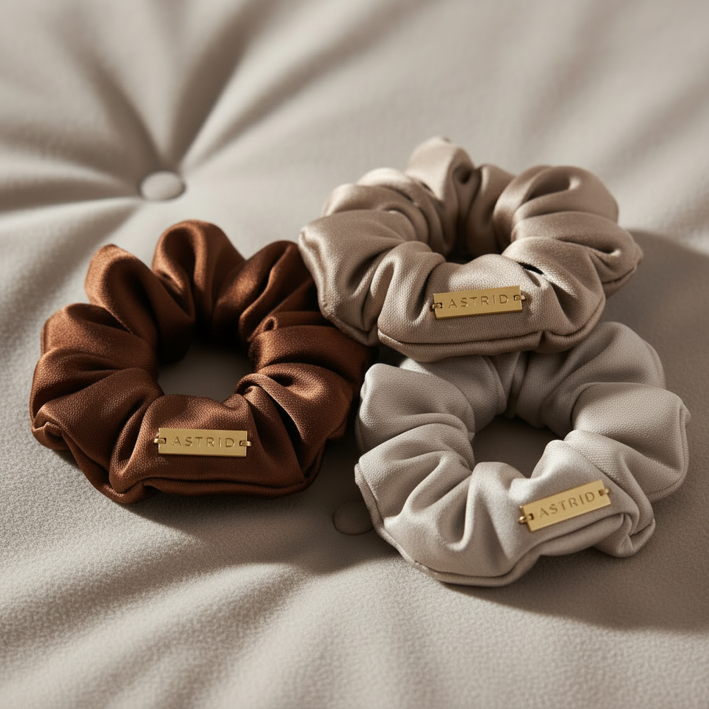 3-pack satin hair ties in warm neutral palette with ASTRID label